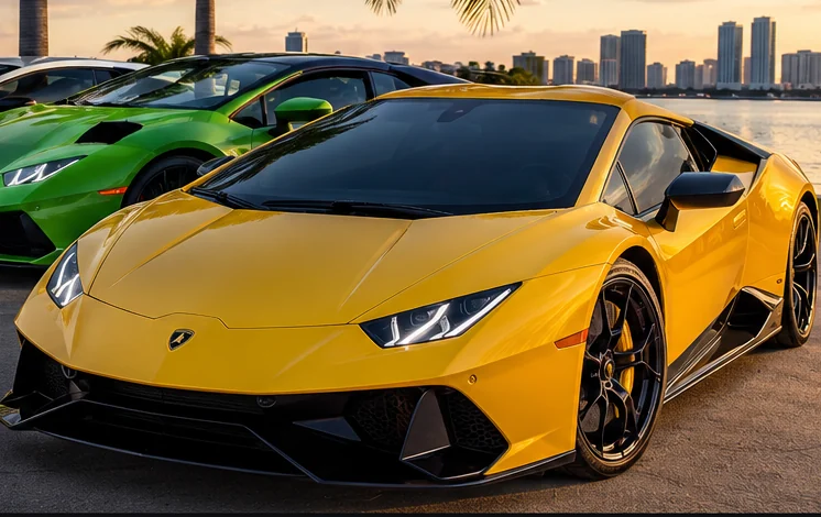 Illustrative sports car gathering near Florida palms