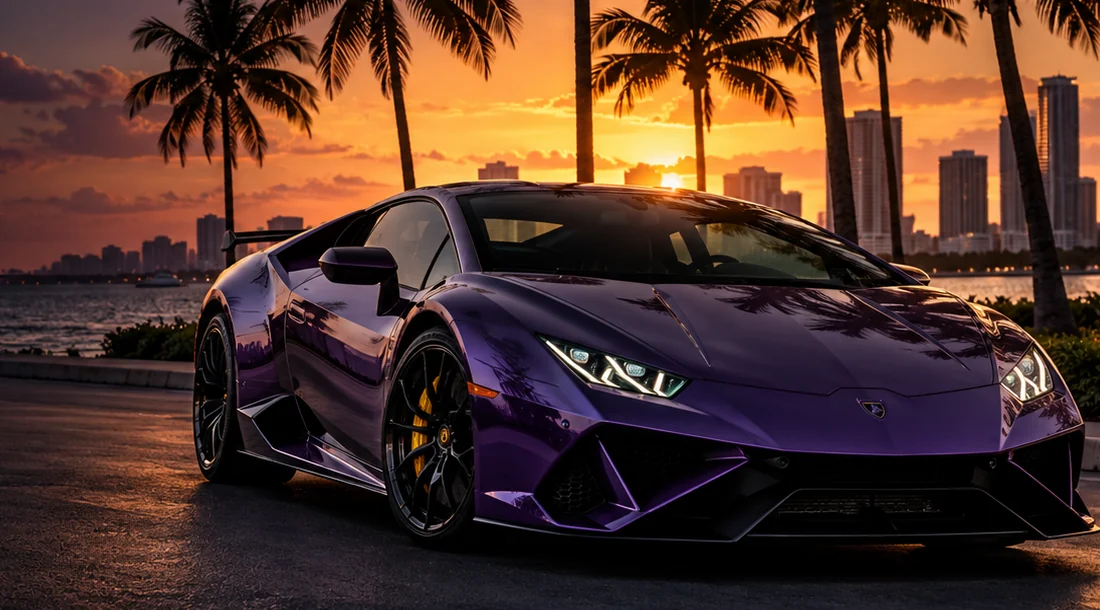 Illustrative golden hour supercar drive
