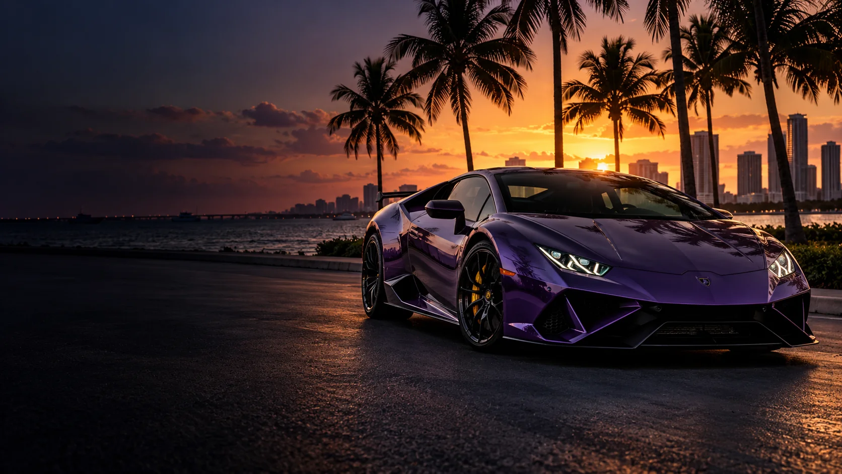 Illustrative photograph of a purple Lamborghini-style supercar at sunset