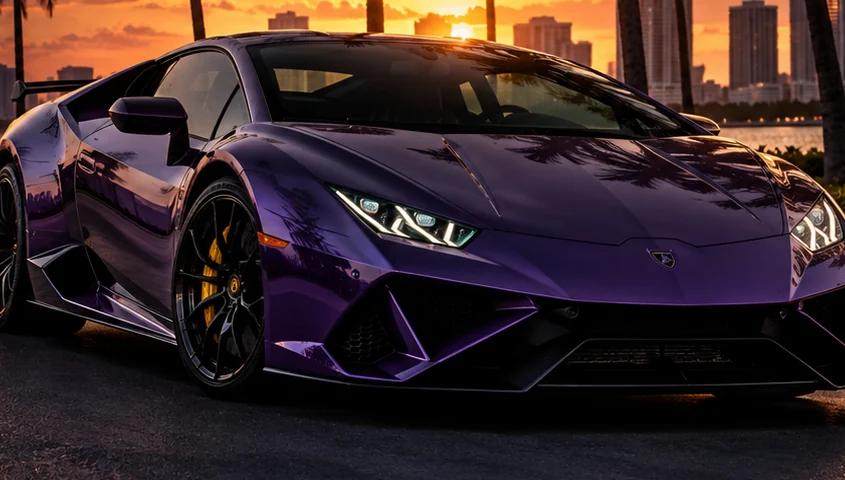 Illustrative detailed view of a purple supercar